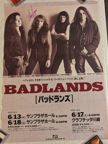 KISS Eric Singer Personally Owned  BADLANDS JAPAN 1989 TOUR  Promo Promotional  Poster