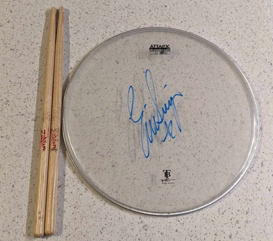 Eric Singer 2023 EOTR Stage-Used Signed Drumheads and Drumstick